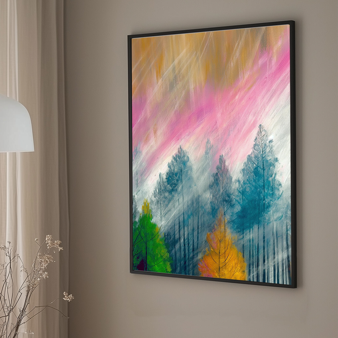 Abstract wall art print of a forest scene with autumn colours, blending soft pink skies, golden leaves, and misty blue treetops.