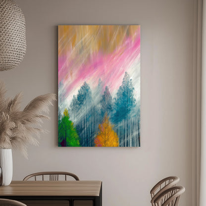 Abstract wall art print of a forest scene with autumn colours, blending soft pink skies, golden leaves, and misty blue treetops.