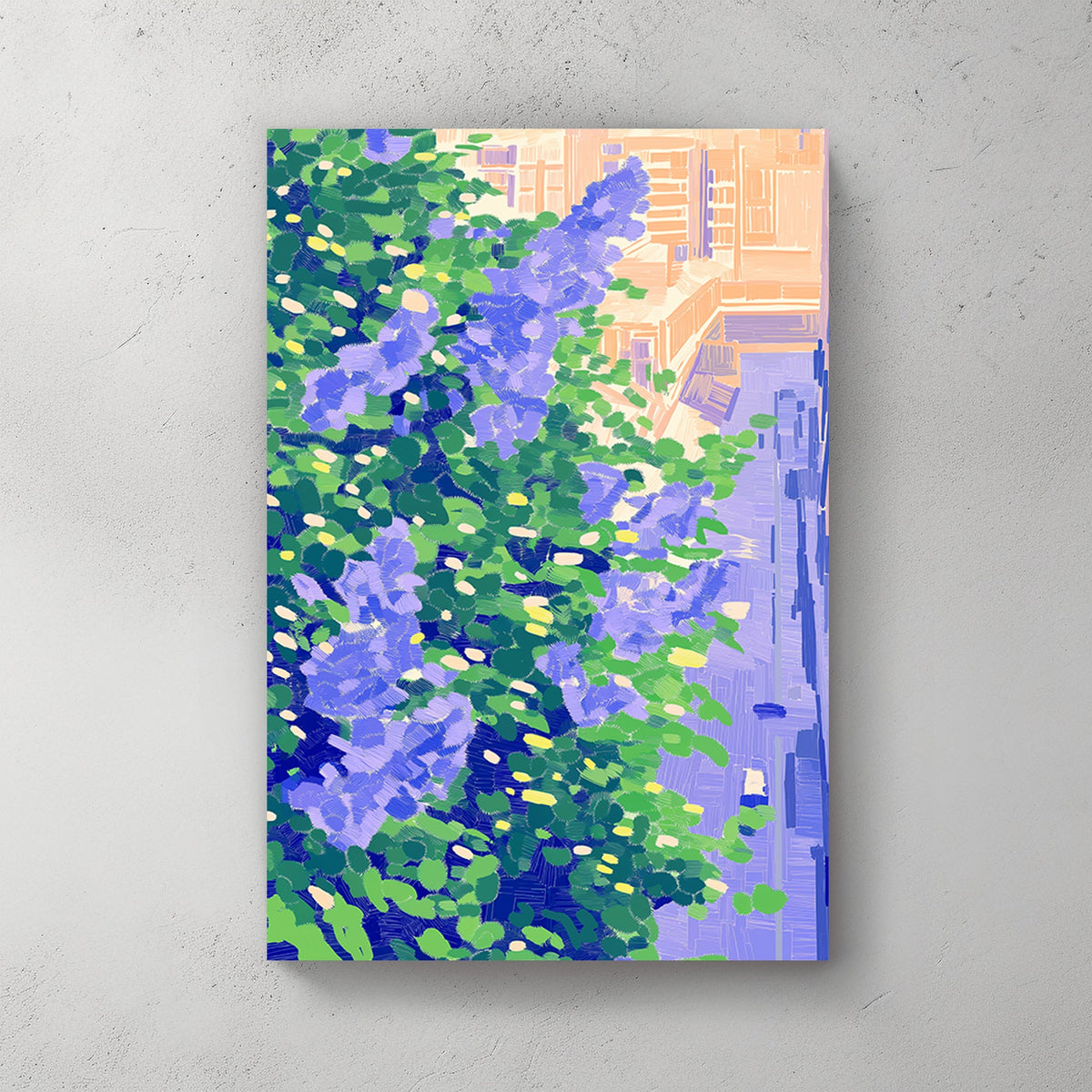 Impressionistic wall artwork featuring vibrant violet and green foliage against a cityscape bathed in warm light.