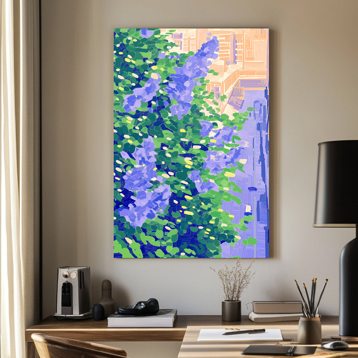 Impressionistic wall artwork featuring vibrant violet and green foliage against a cityscape bathed in warm light.