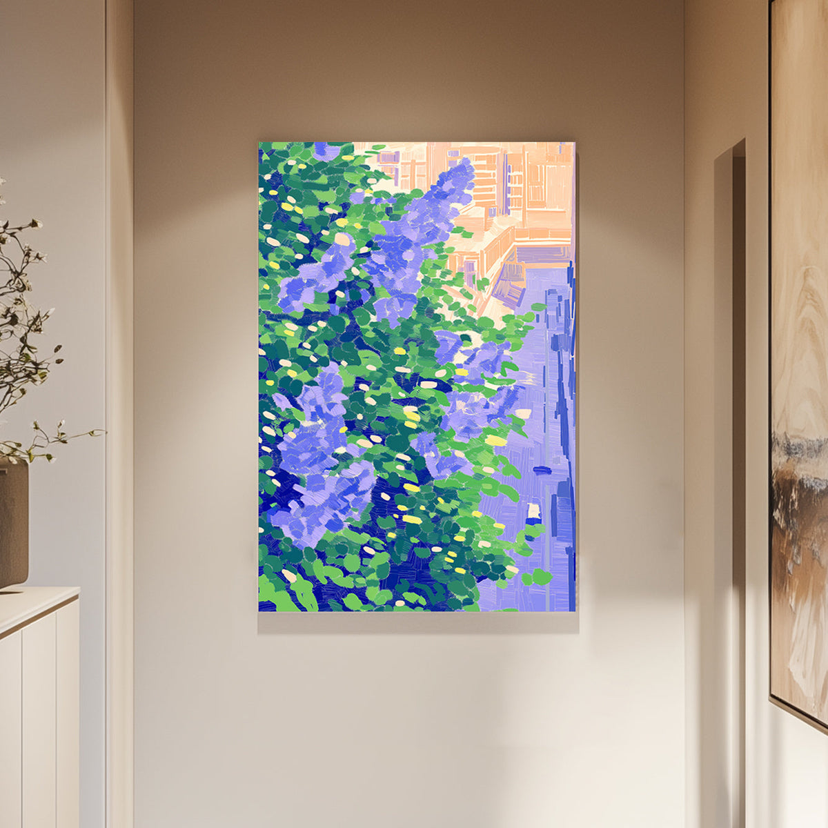 Impressionistic wall artwork featuring vibrant violet and green foliage against a cityscape bathed in warm light.