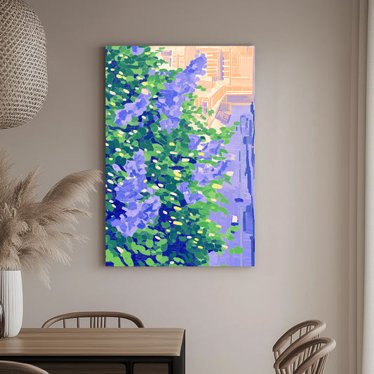 Impressionistic wall artwork featuring vibrant violet and green foliage against a cityscape bathed in warm light.