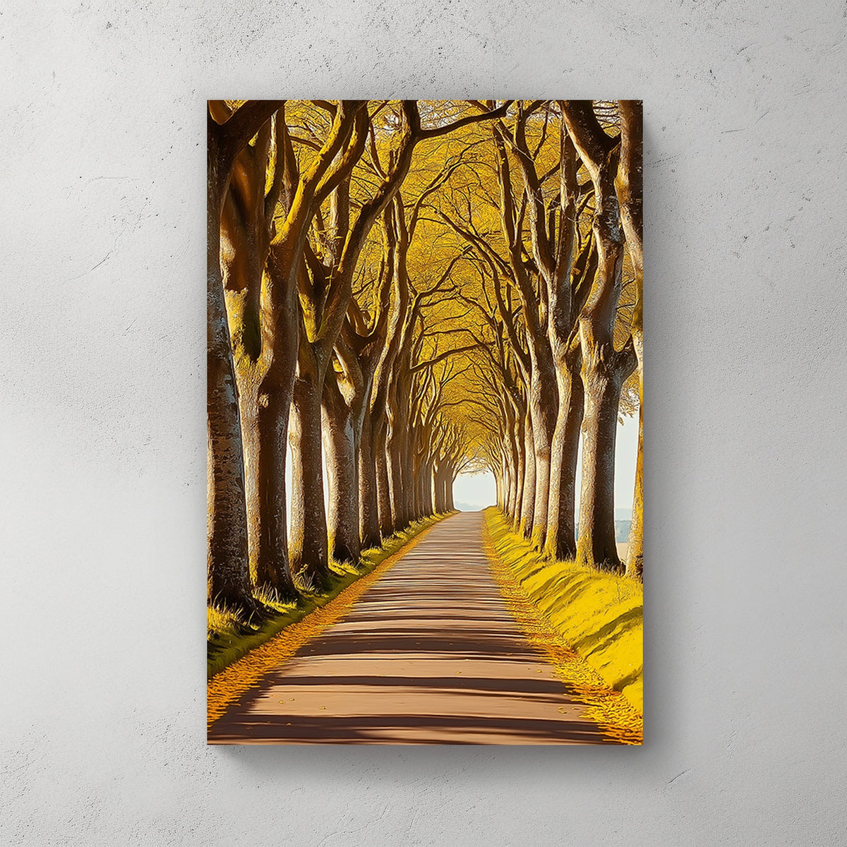 A wall art print of a golden tree-lined pathway with warm sunlight streaming through, creating a serene and symmetrical natural scene.