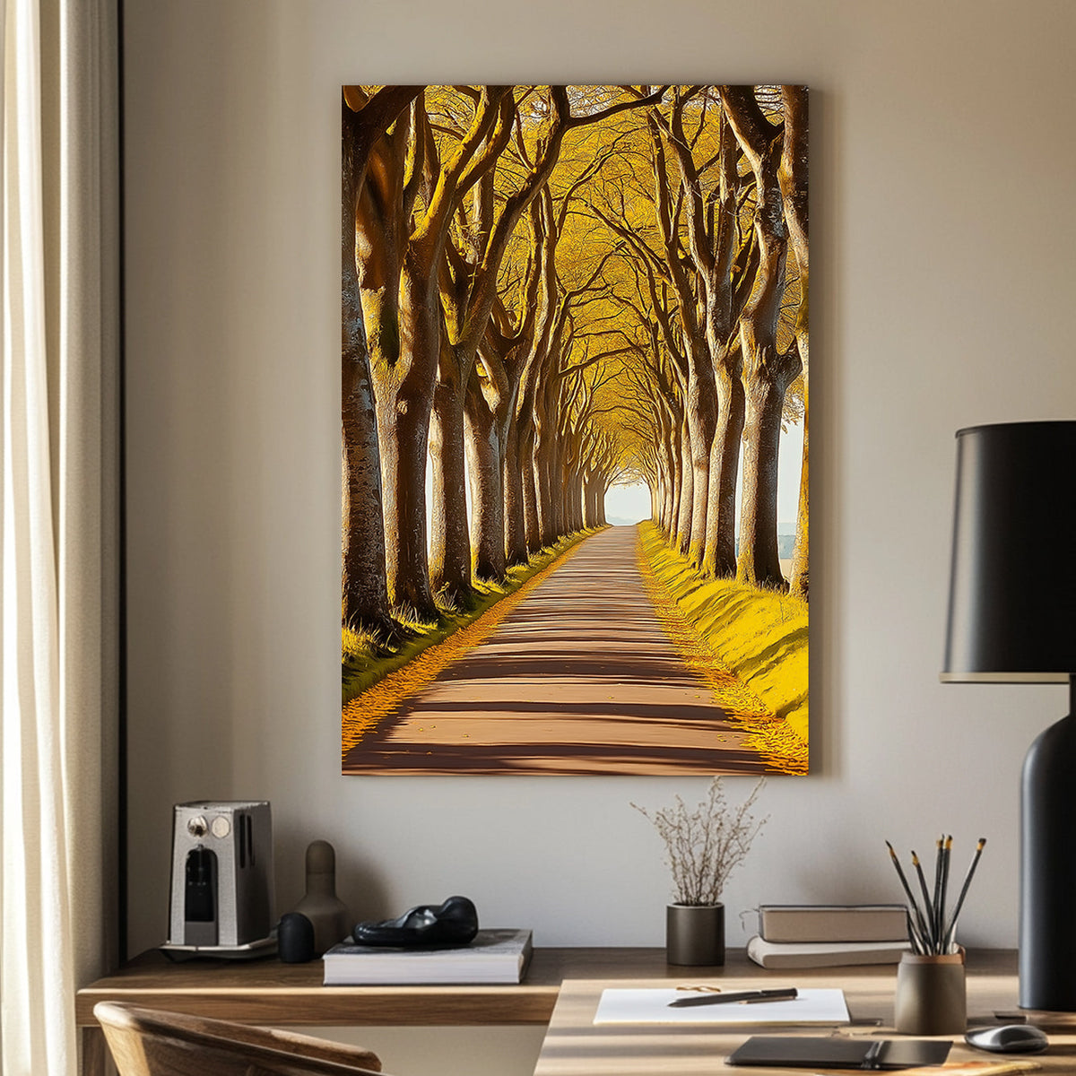 A wall art print of a golden tree-lined pathway with warm sunlight streaming through, creating a serene and symmetrical natural scene.