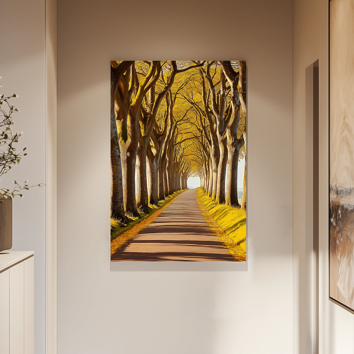 A wall art print of a golden tree-lined pathway with warm sunlight streaming through, creating a serene and symmetrical natural scene.