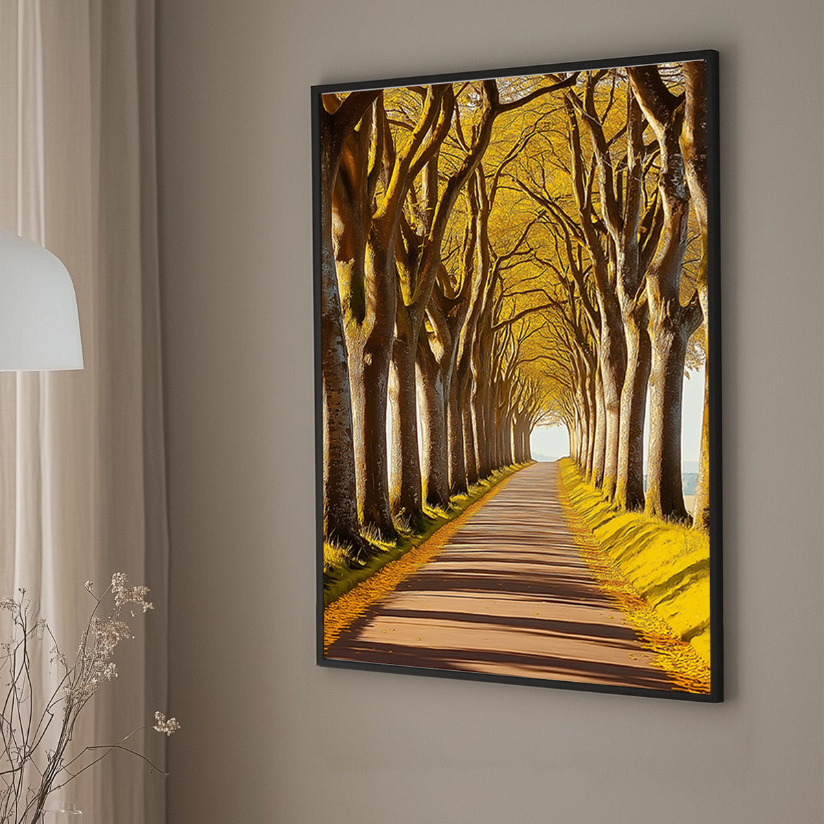 A wall art print of a golden tree-lined pathway with warm sunlight streaming through, creating a serene and symmetrical natural scene.