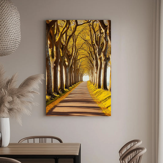 A wall art print of a golden tree-lined pathway with warm sunlight streaming through, creating a serene and symmetrical natural scene.