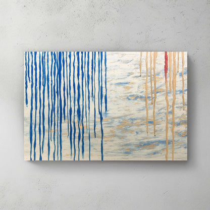 Abstract wall art print featuring blue vertical streams paired with golden and white textured accents, resembling rain over a sea.