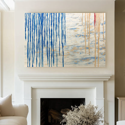 Abstract wall art print featuring blue vertical streams paired with golden and white textured accents, resembling rain over a sea.