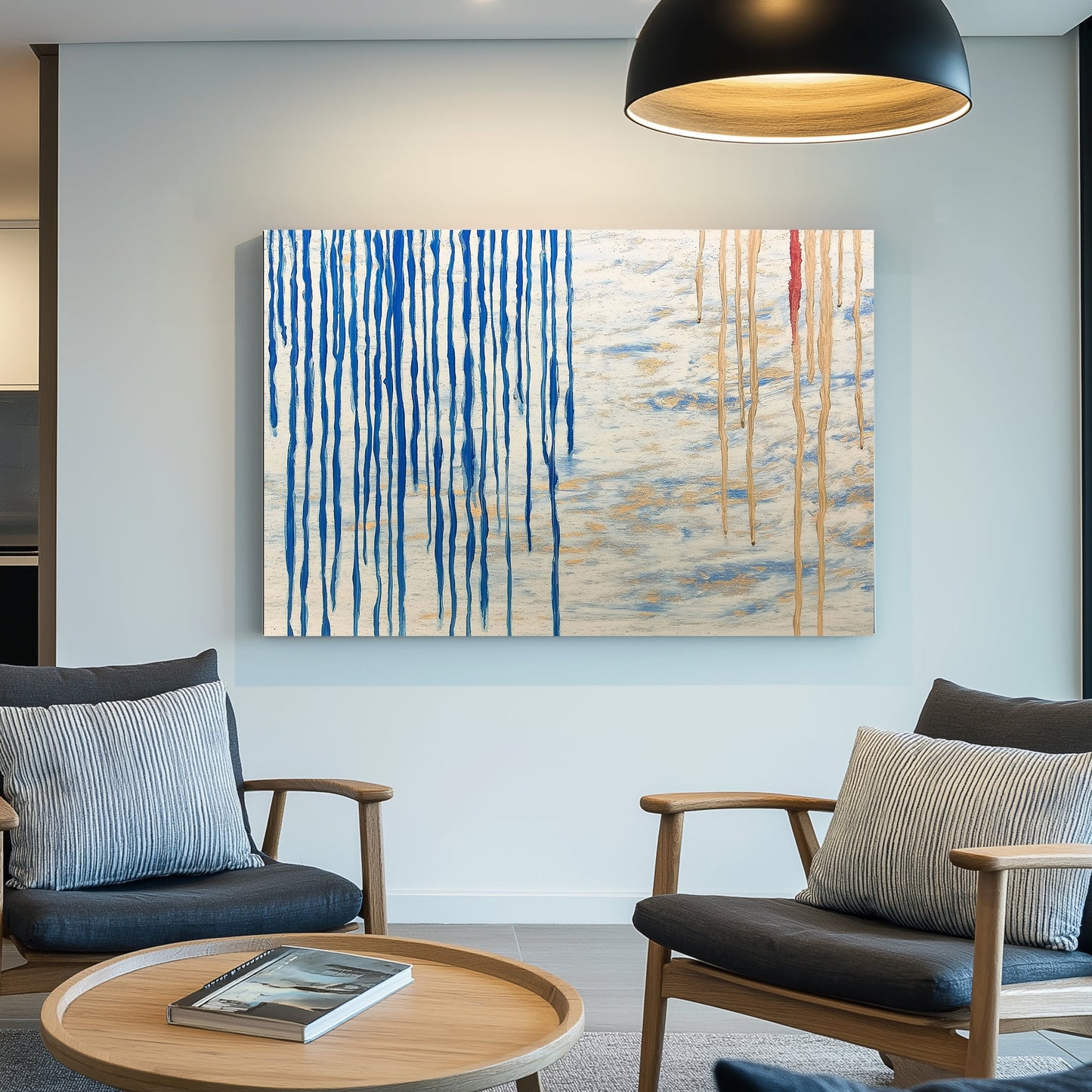 Abstract wall art print featuring blue vertical streams paired with golden and white textured accents, resembling rain over a sea.