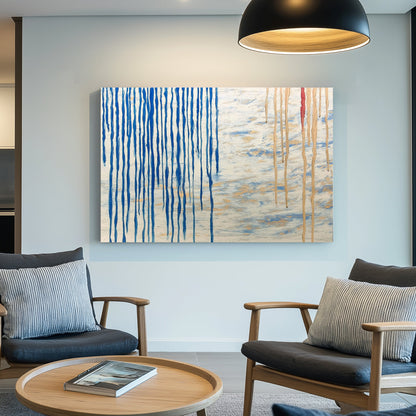 Abstract wall art print featuring blue vertical streams paired with golden and white textured accents, resembling rain over a sea.