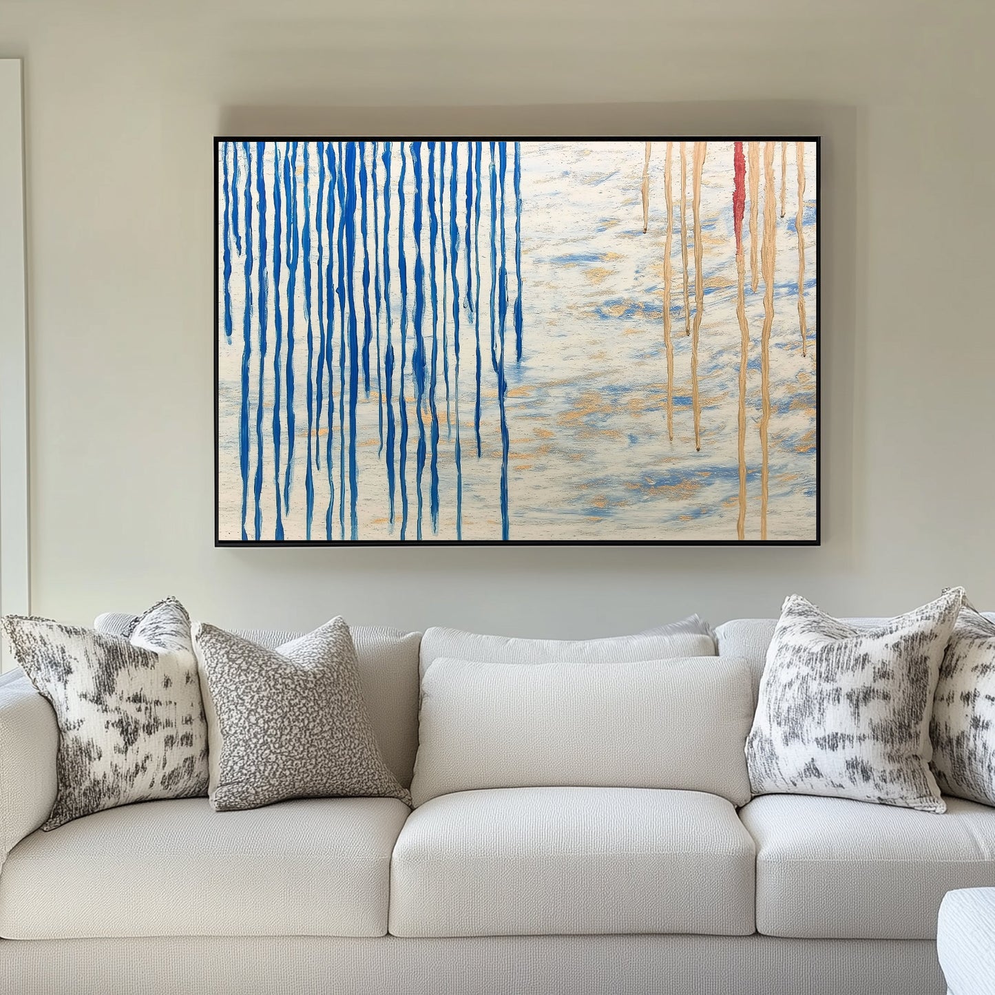 Abstract wall art print featuring blue vertical streams paired with golden and white textured accents, resembling rain over a sea.