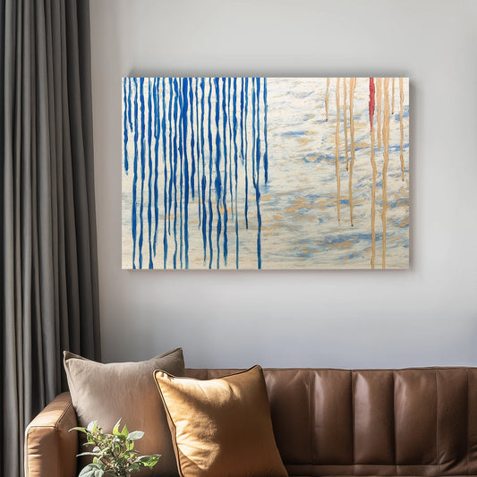 Abstract wall art print featuring blue vertical streams paired with golden and white textured accents, resembling rain over a sea.