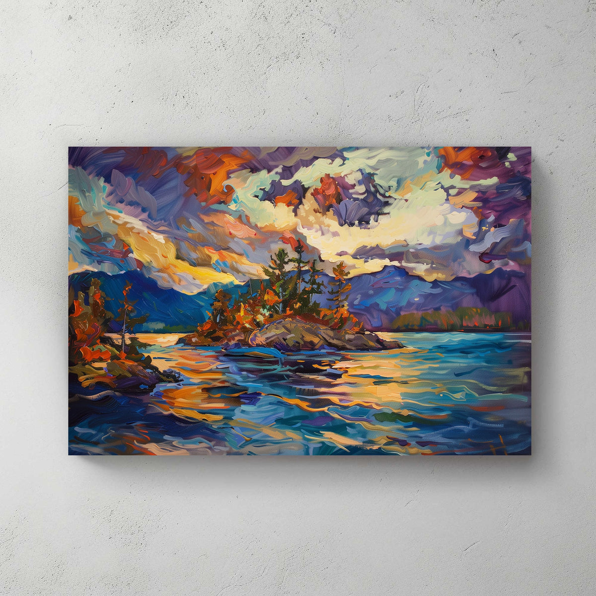 Colourful canvas print of an island surrounded by water, illuminated by a vivid sunset with dynamic purple, orange, and blue hues.