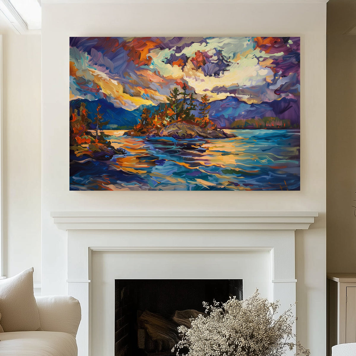 Colourful canvas print of an island surrounded by water, illuminated by a vivid sunset with dynamic purple, orange, and blue hues.