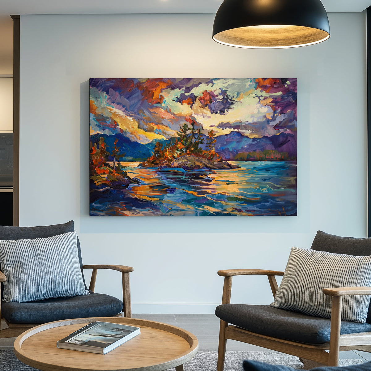Colourful canvas print of an island surrounded by water, illuminated by a vivid sunset with dynamic purple, orange, and blue hues.
