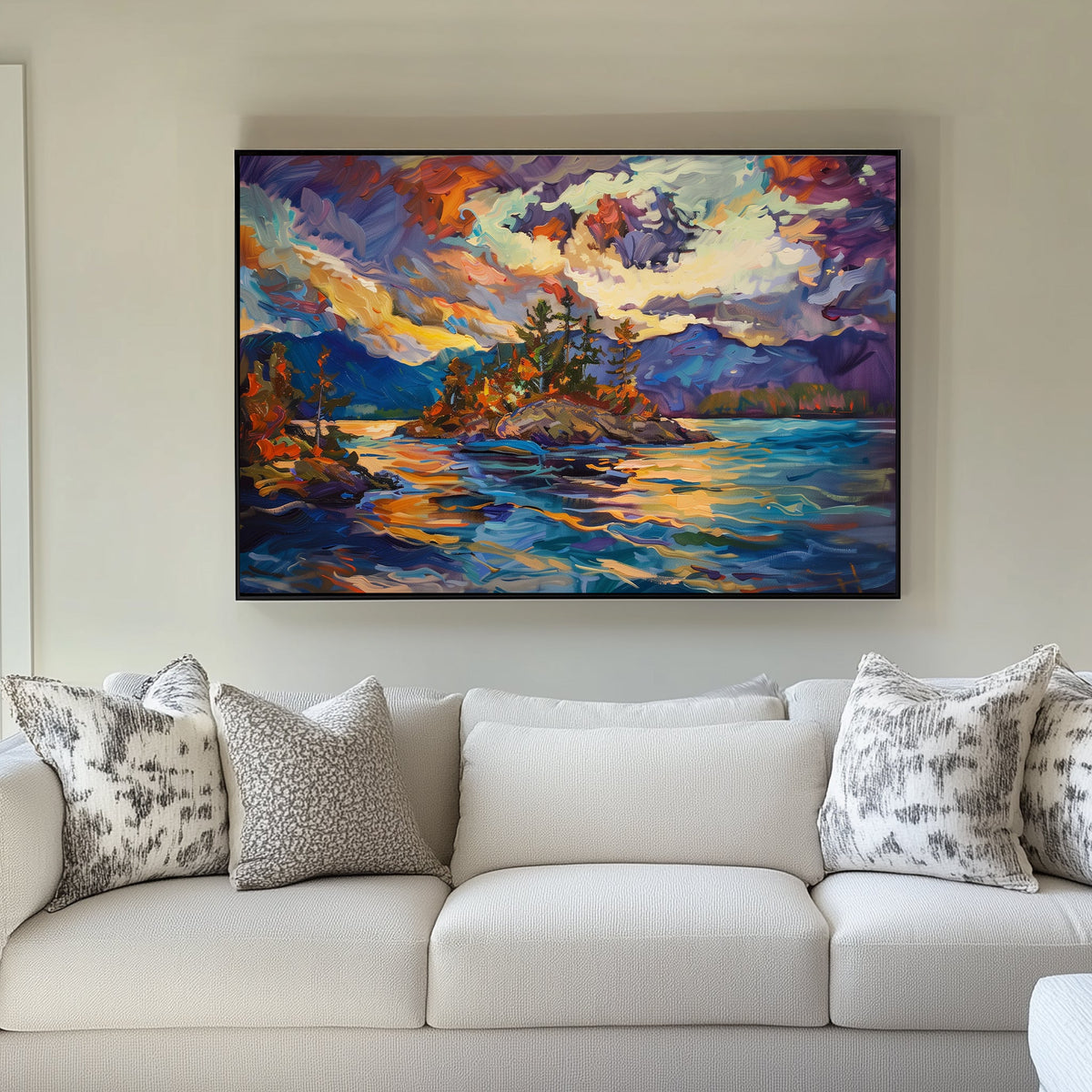 Colourful canvas print of an island surrounded by water, illuminated by a vivid sunset with dynamic purple, orange, and blue hues.