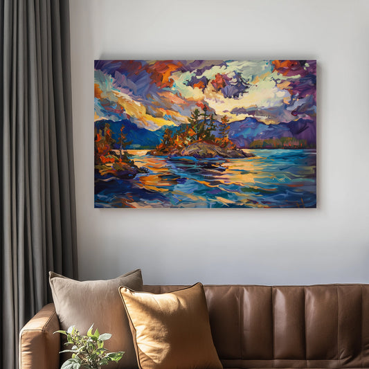 Colourful canvas print of an island surrounded by water, illuminated by a vivid sunset with dynamic purple, orange, and blue hues.