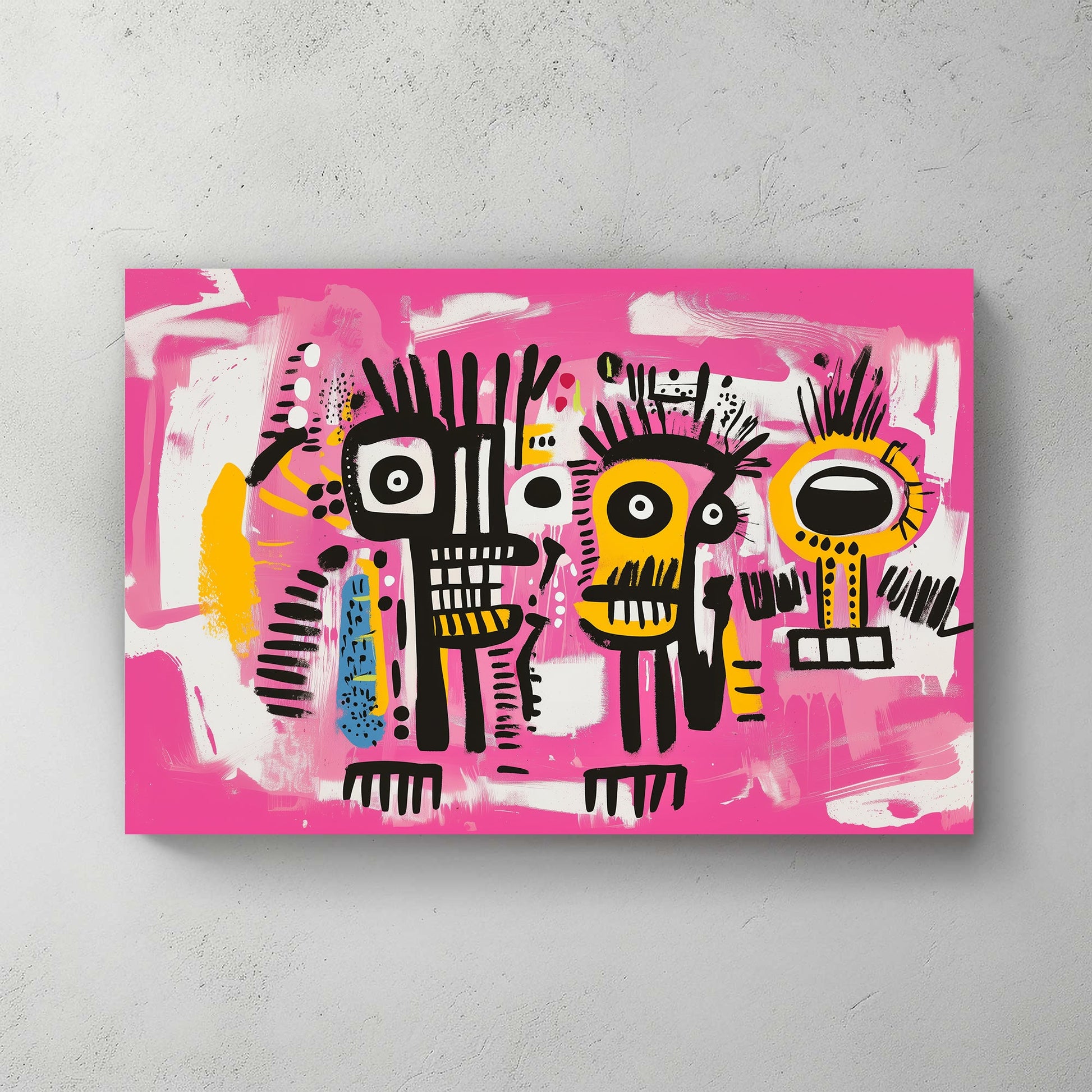 Graffiti-style abstract wall art of two black, yellow, and white faces on a bright pink background, with expressive lines and vivid colours.