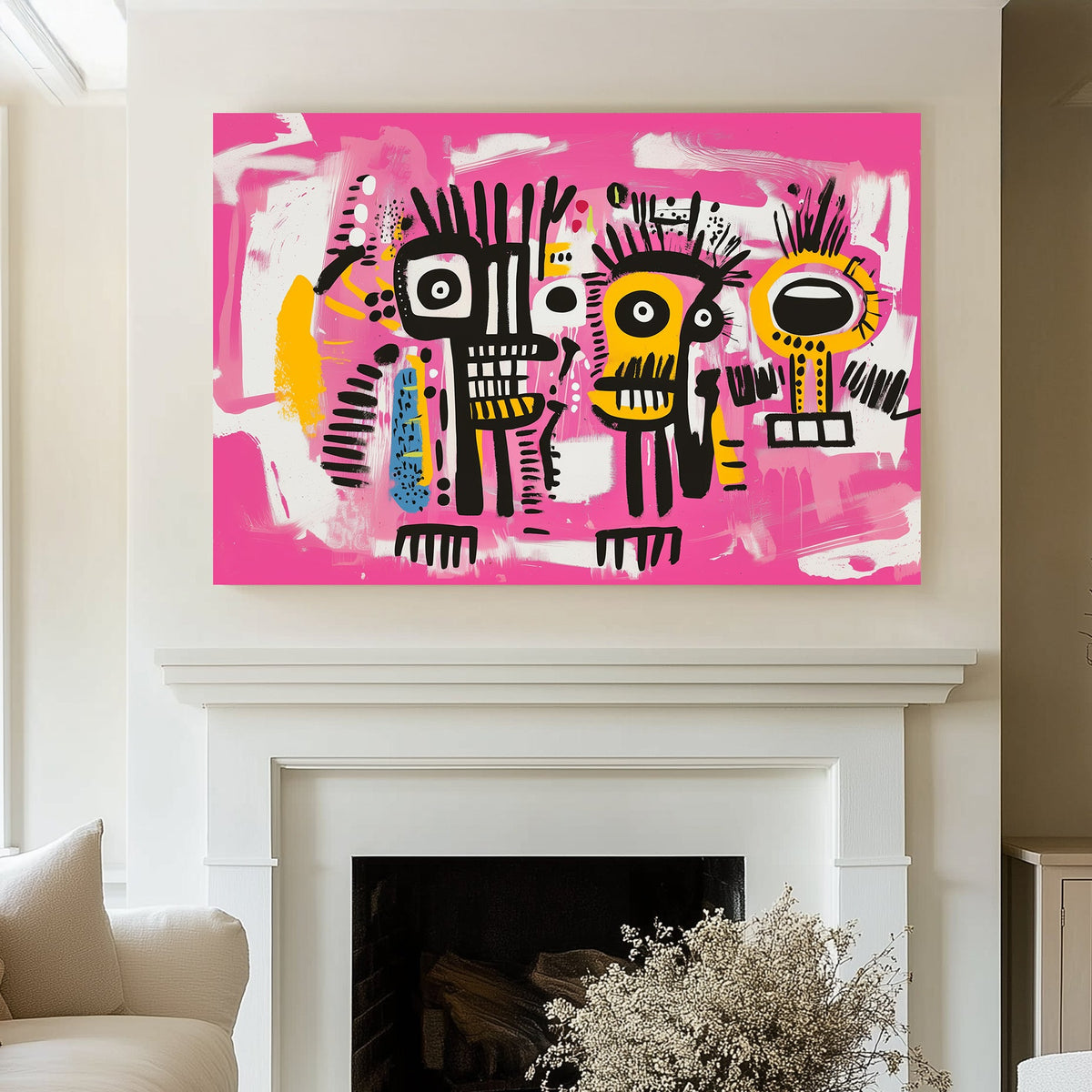 Graffiti-style abstract wall art of two black, yellow, and white faces on a bright pink background, with expressive lines and vivid colours.