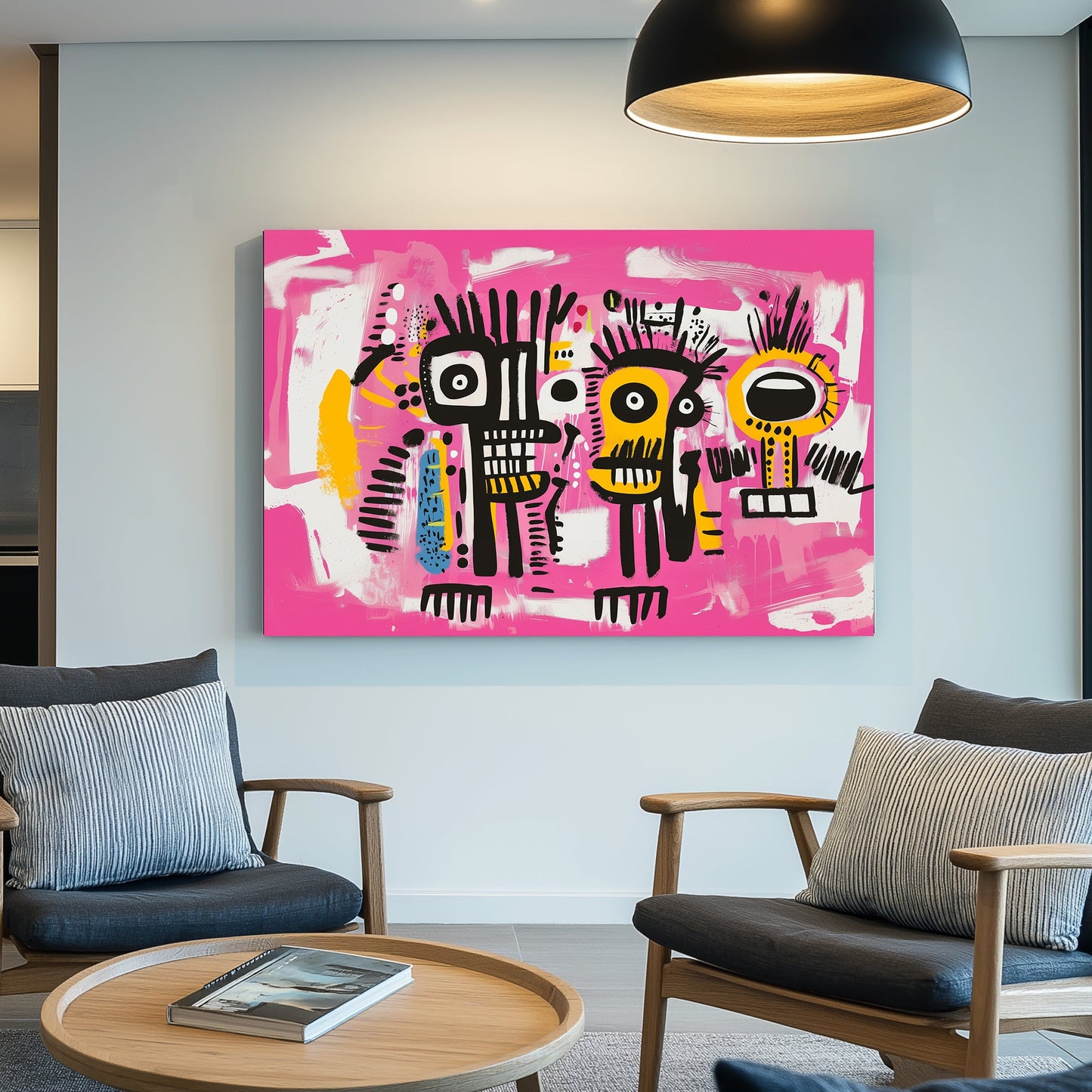 Graffiti-style abstract wall art of two black, yellow, and white faces on a bright pink background, with expressive lines and vivid colours.