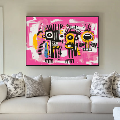 Graffiti-style abstract wall art of two black, yellow, and white faces on a bright pink background, with expressive lines and vivid colours.