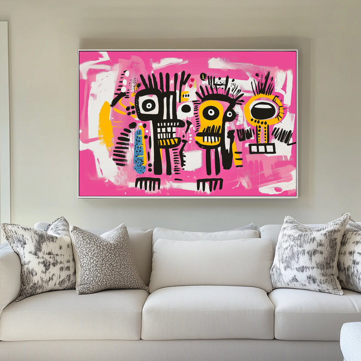Graffiti-style abstract wall art of two black, yellow, and white faces on a bright pink background, with expressive lines and vivid colours.