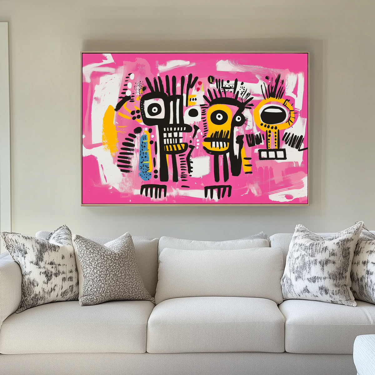 Graffiti-style abstract wall art of two black, yellow, and white faces on a bright pink background, with expressive lines and vivid colours.