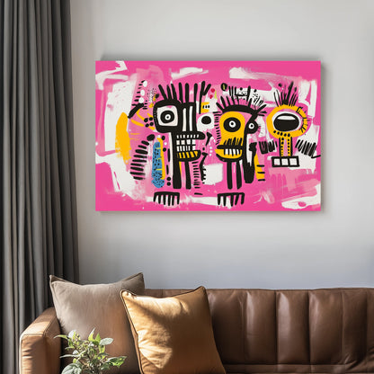 Graffiti-style abstract wall art of two black, yellow, and white faces on a bright pink background, with expressive lines and vivid colours.