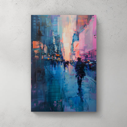 Abstract wall art painting of a city street at night, with glowing blue, pink, and orange tones reflecting on wet pavement and blurred pedestrian silhouettes.