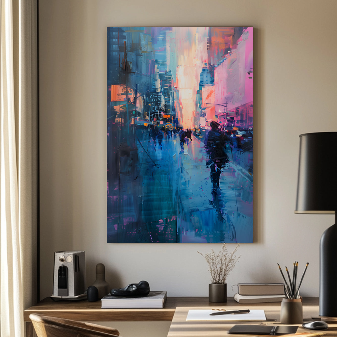 Abstract wall art painting of a city street at night, with glowing blue, pink, and orange tones reflecting on wet pavement and blurred pedestrian silhouettes.