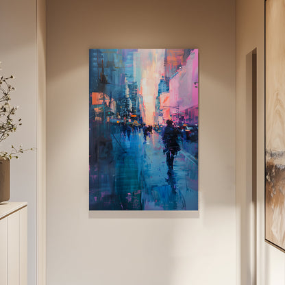 Abstract wall art painting of a city street at night, with glowing blue, pink, and orange tones reflecting on wet pavement and blurred pedestrian silhouettes.