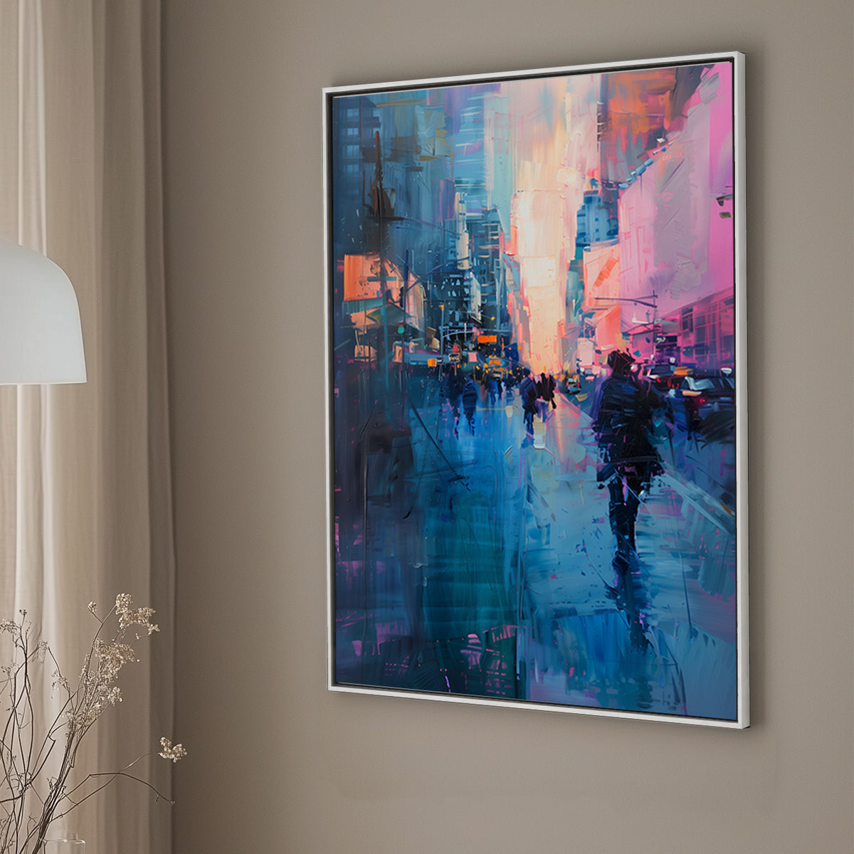 Abstract wall art painting of a city street at night, with glowing blue, pink, and orange tones reflecting on wet pavement and blurred pedestrian silhouettes.