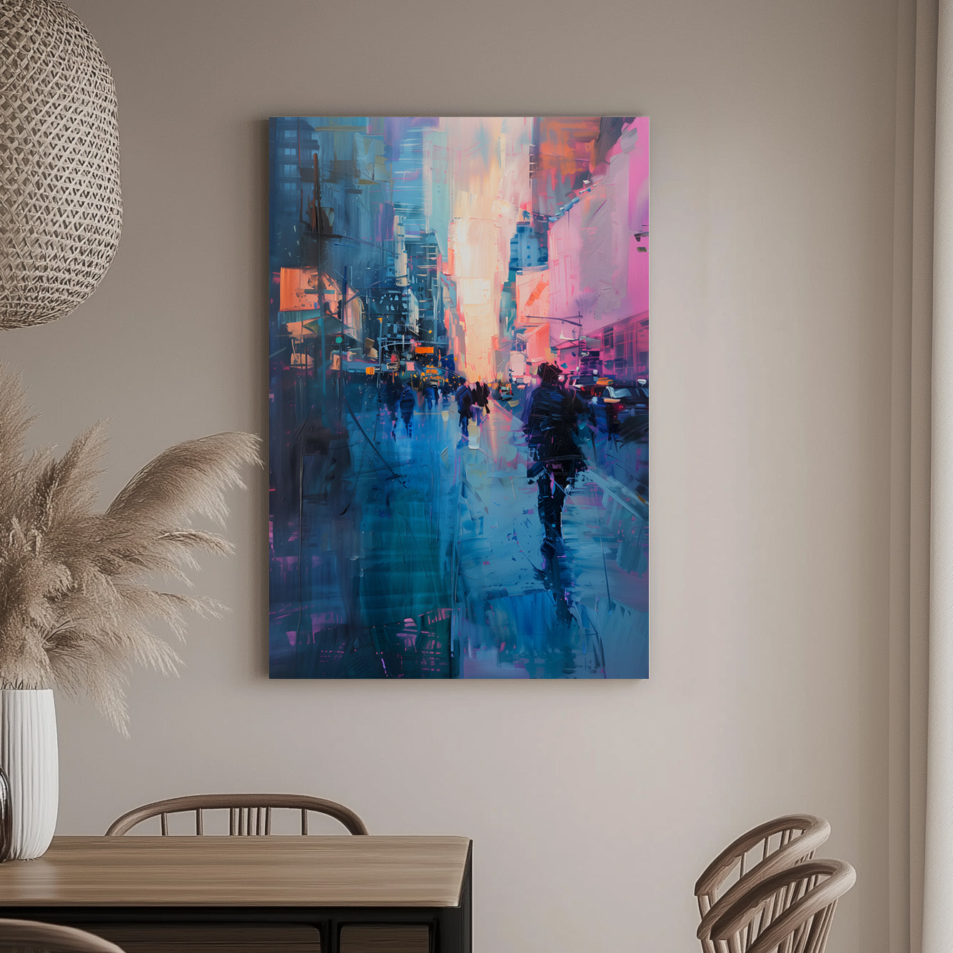 Abstract wall art painting of a city street at night, with glowing blue, pink, and orange tones reflecting on wet pavement and blurred pedestrian silhouettes.