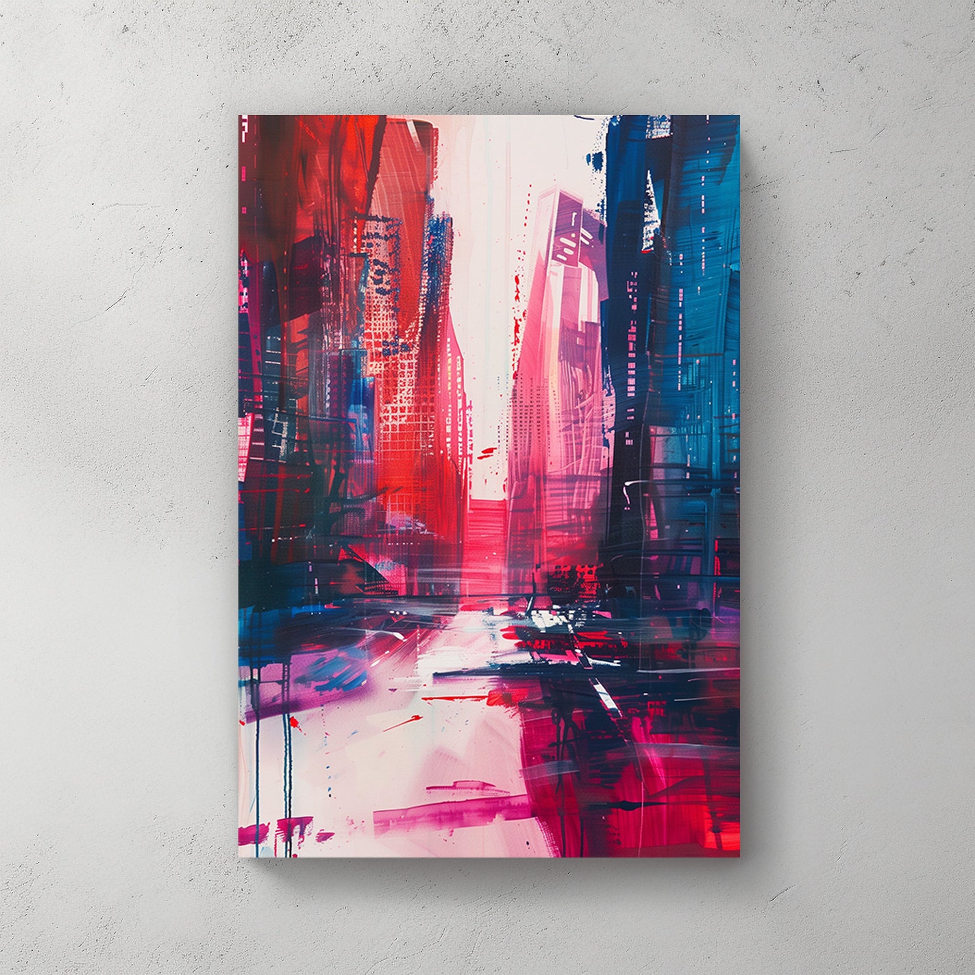 Abstract wall art painting of a cityscape with bold red, blue, and magenta hues, featuring dynamic lines and neon-like accents.