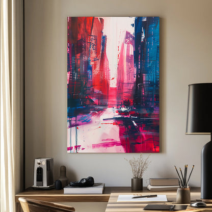 Abstract wall art painting of a cityscape with bold red, blue, and magenta hues, featuring dynamic lines and neon-like accents.