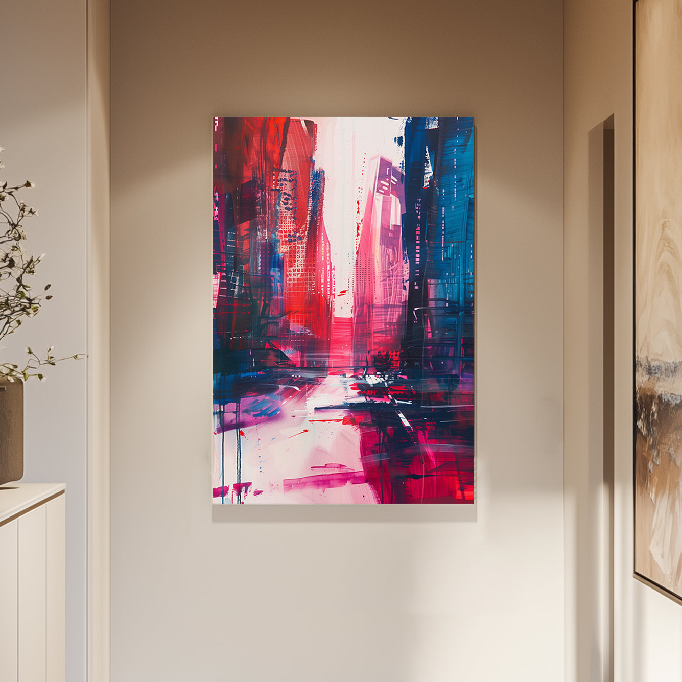 Abstract wall art painting of a cityscape with bold red, blue, and magenta hues, featuring dynamic lines and neon-like accents.