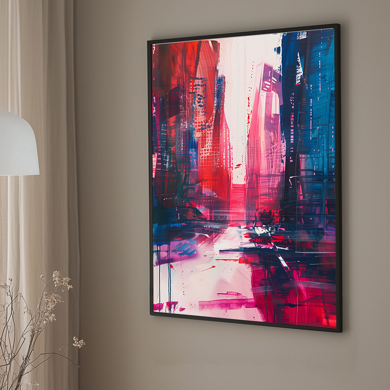 Abstract wall art painting of a cityscape with bold red, blue, and magenta hues, featuring dynamic lines and neon-like accents.