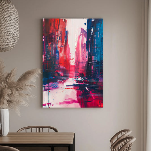 Abstract wall art painting of a cityscape with bold red, blue, and magenta hues, featuring dynamic lines and neon-like accents.