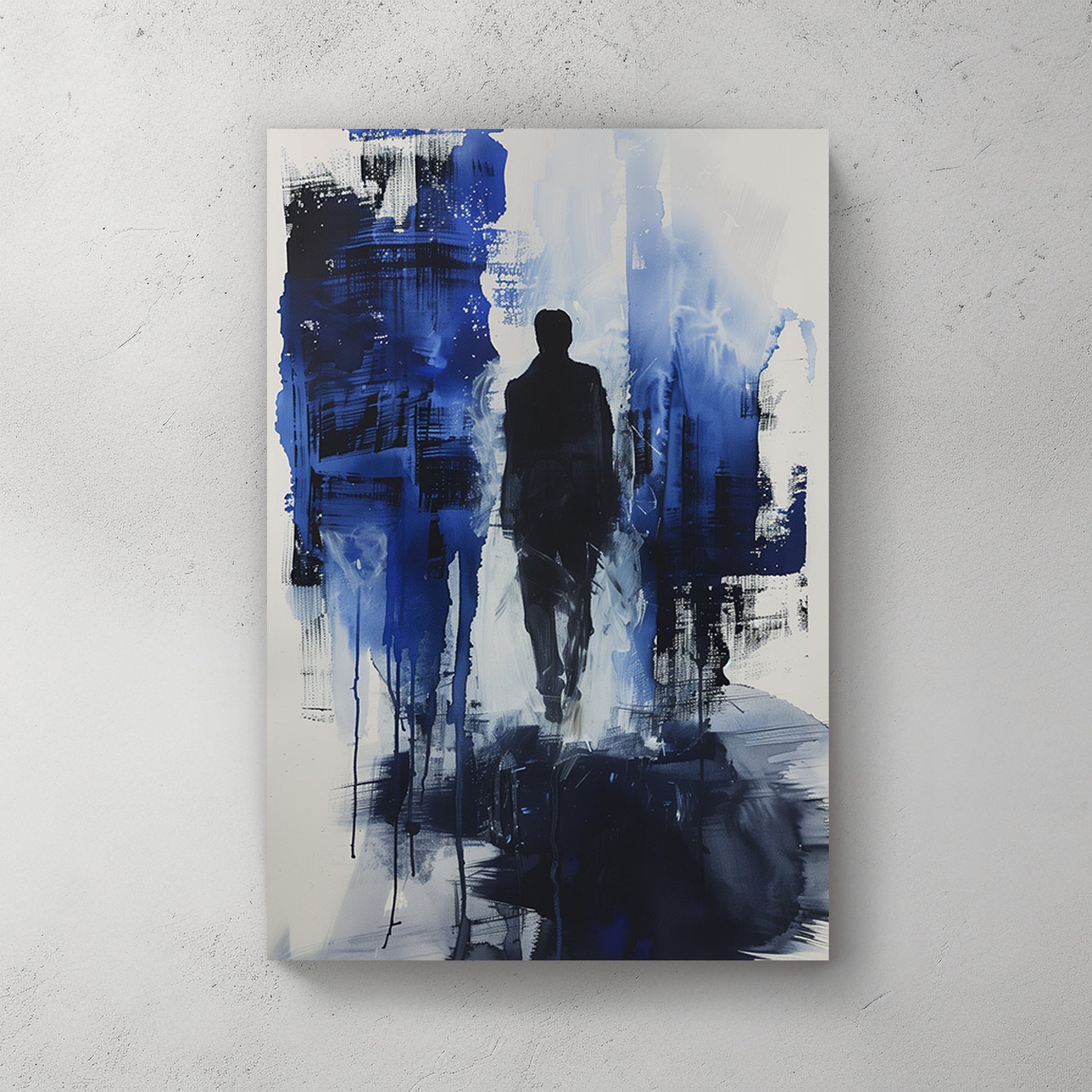 Abstract wall art painting featuring a lone figure walking through a blue and black textured background with a sense of mystery and depth.