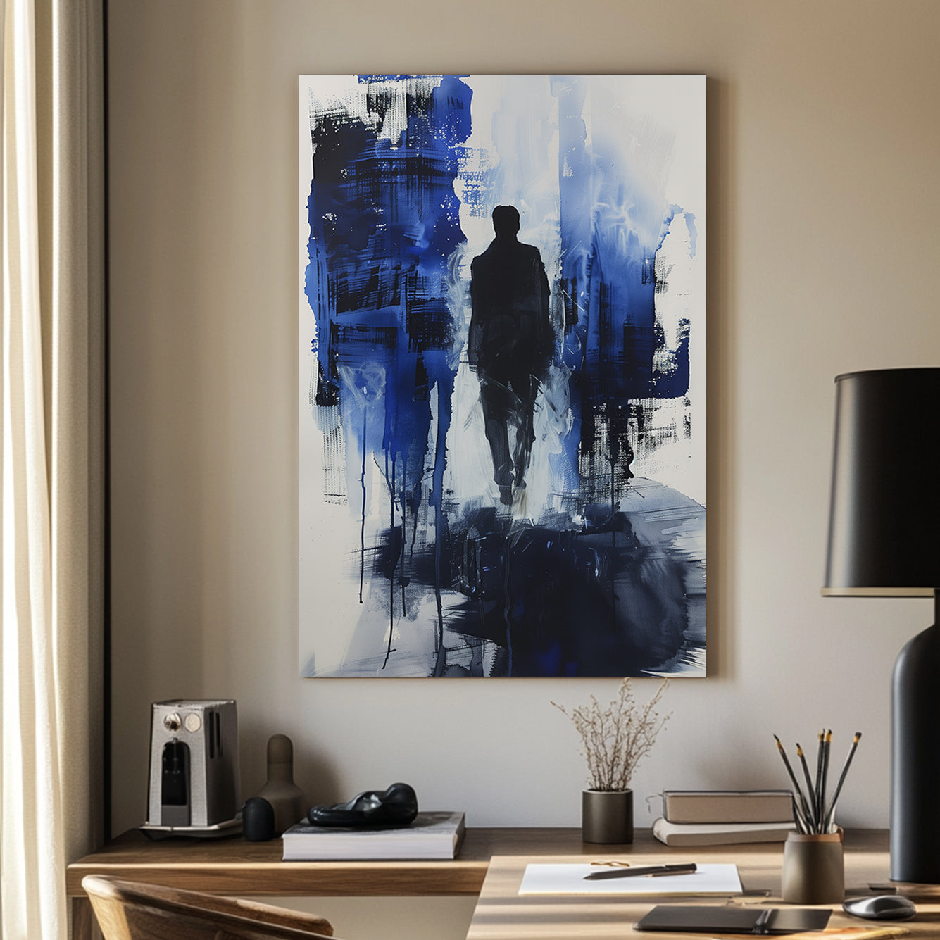 Abstract wall art painting featuring a lone figure walking through a blue and black textured background with a sense of mystery and depth.