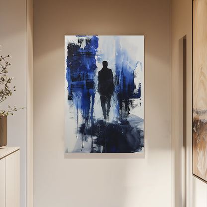 Abstract wall art painting featuring a lone figure walking through a blue and black textured background with a sense of mystery and depth.