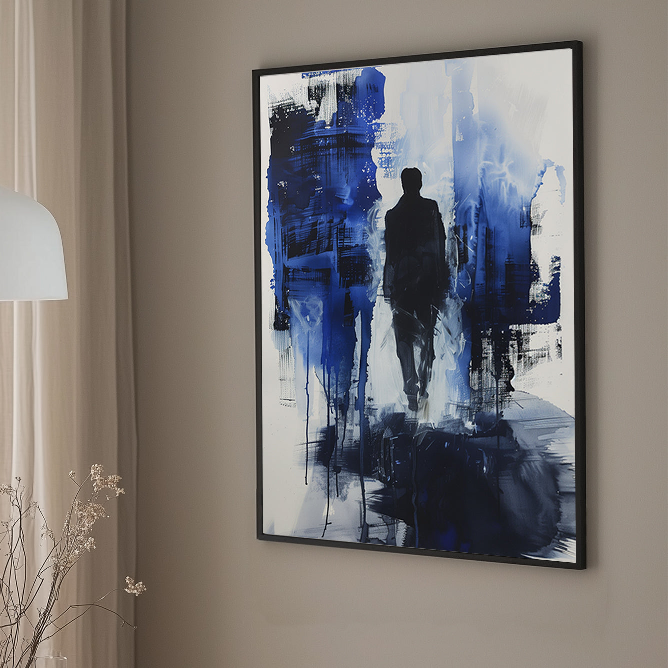 Abstract wall art painting featuring a lone figure walking through a blue and black textured background with a sense of mystery and depth.