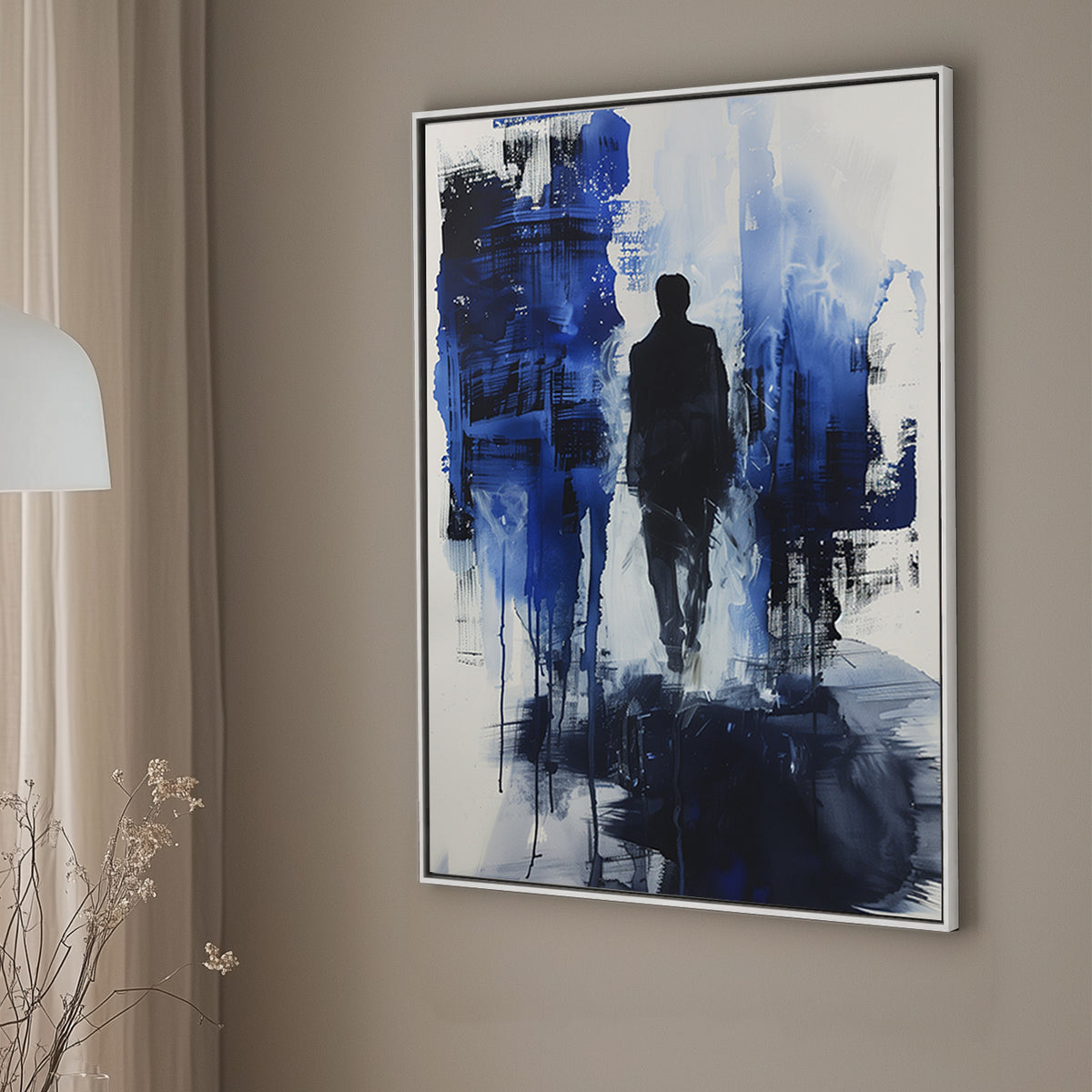 Abstract wall art painting featuring a lone figure walking through a blue and black textured background with a sense of mystery and depth.