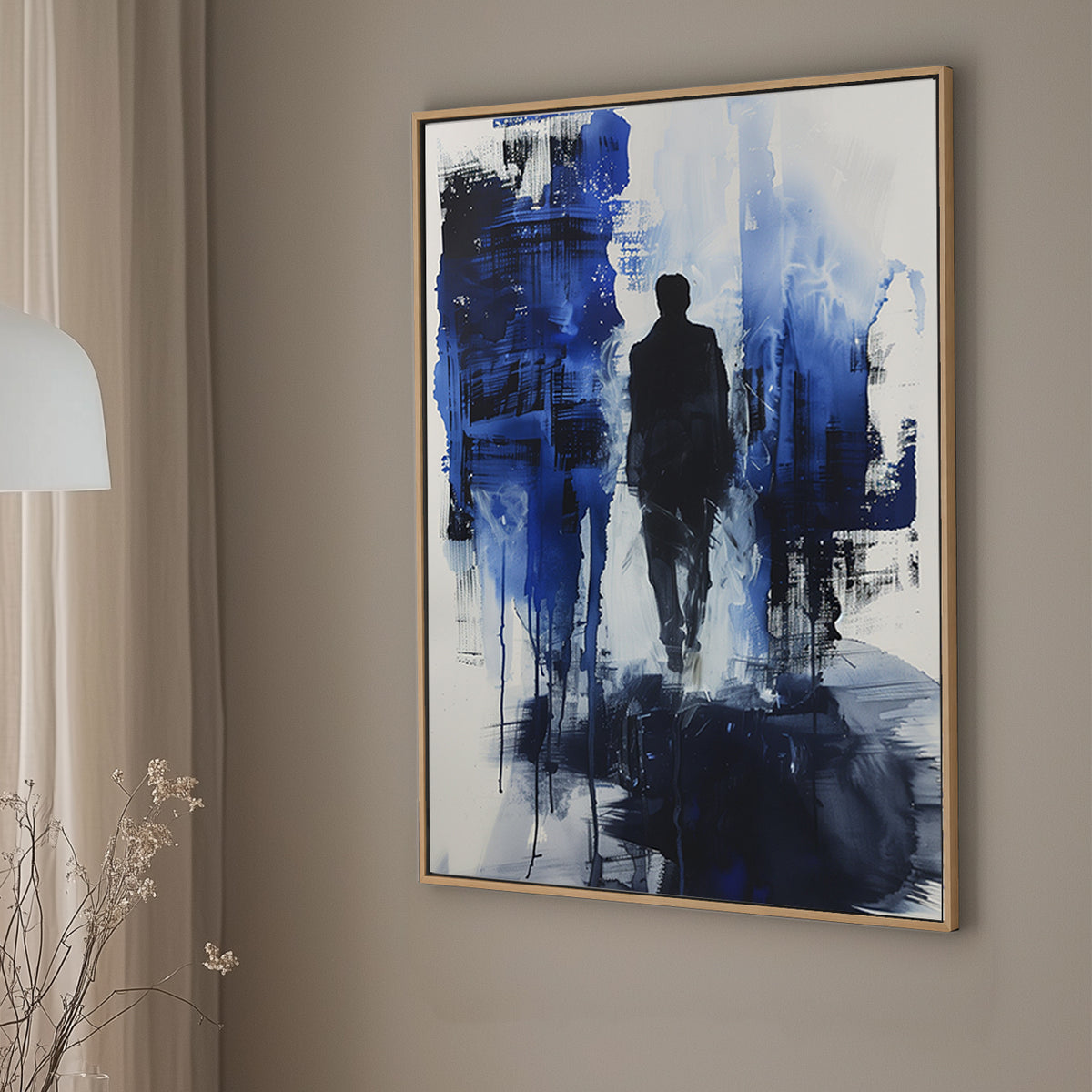 Abstract wall art painting featuring a lone figure walking through a blue and black textured background with a sense of mystery and depth.