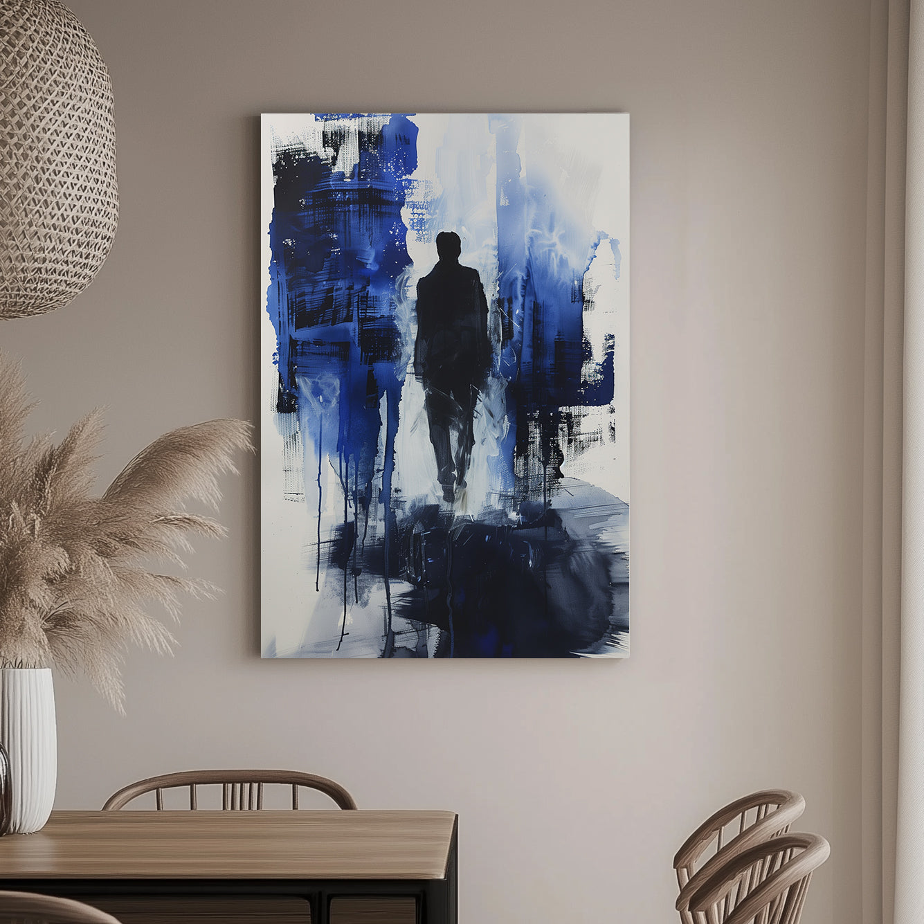 Abstract wall art painting featuring a lone figure walking through a blue and black textured background with a sense of mystery and depth.