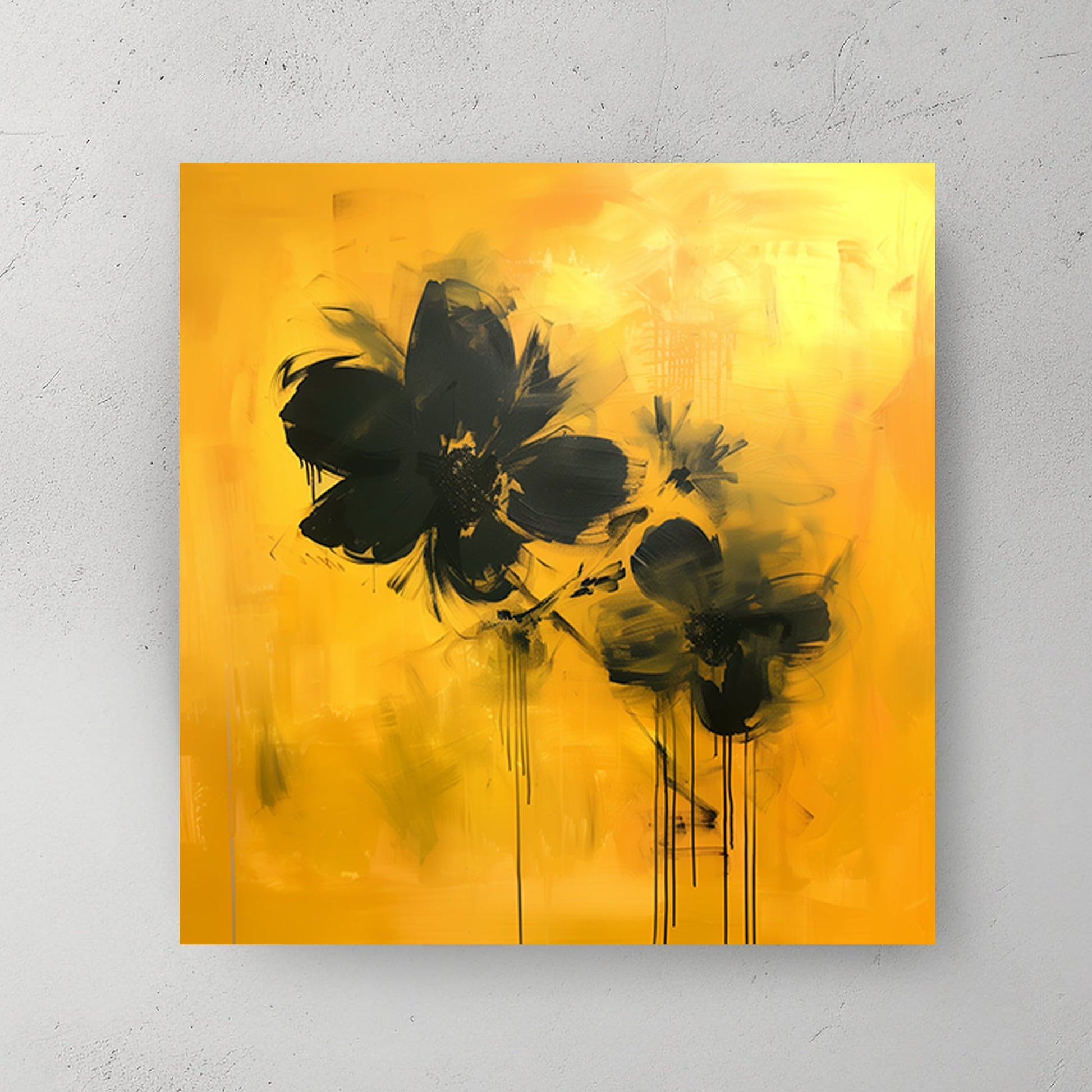 Abstract floral wall artwork featuring bold black flowers on a vivid yellow background with textured brushstrokes and dripping accents.