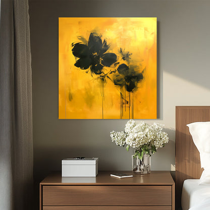 Abstract floral wall artwork featuring bold black flowers on a vivid yellow background with textured brushstrokes and dripping accents.