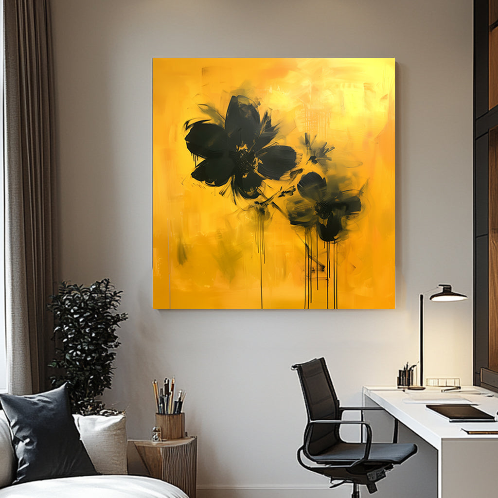 Abstract floral wall artwork featuring bold black flowers on a vivid yellow background with textured brushstrokes and dripping accents.