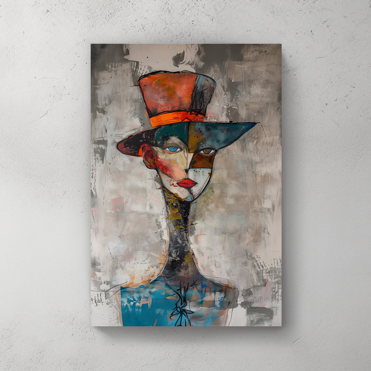 Abstract wall art portrait of a face with a divided design, featuring a vibrant hat, earthy colours, and contrasting eye expressions.
